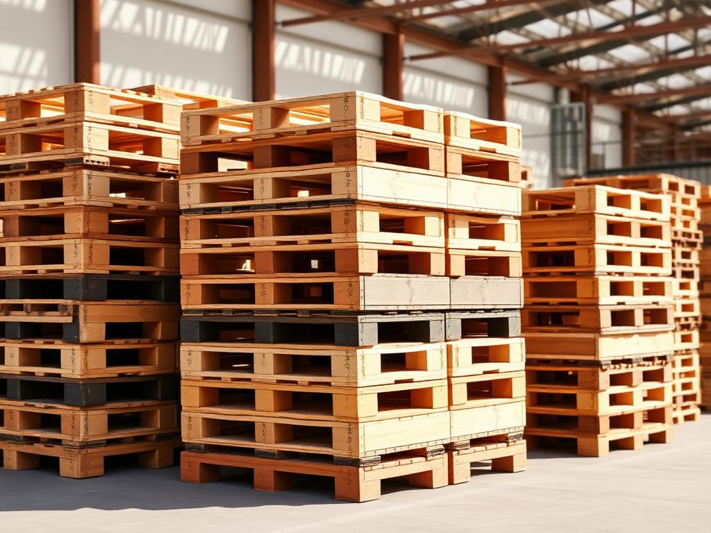 Neatly stacked new and recycled wooden pallets